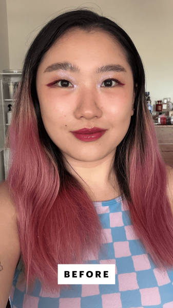 Allure commerce editor Sarah Han before applying the Aveda Tousled Texture Dry Texture Spray