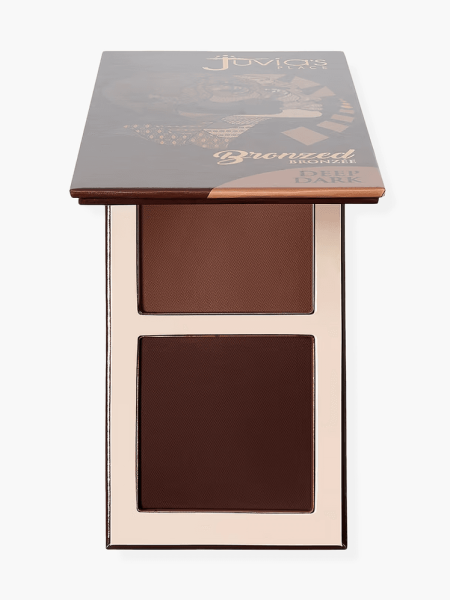Bronzed Duo in branded rose gold compact on light gray background