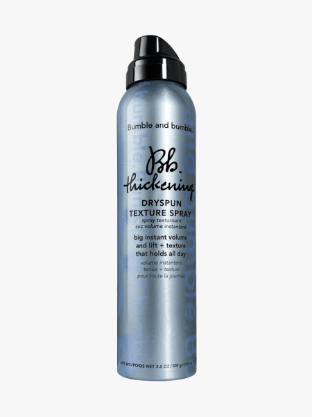 Bumble and Bumble Thickening Dryspun Volume Texture Spray in metallic blue bottle with black pump