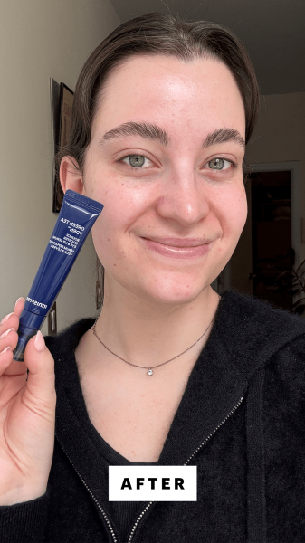 Felbin after applying the Innisfree Green Tea PDRN Bounce Booster Eye  Lip Serum