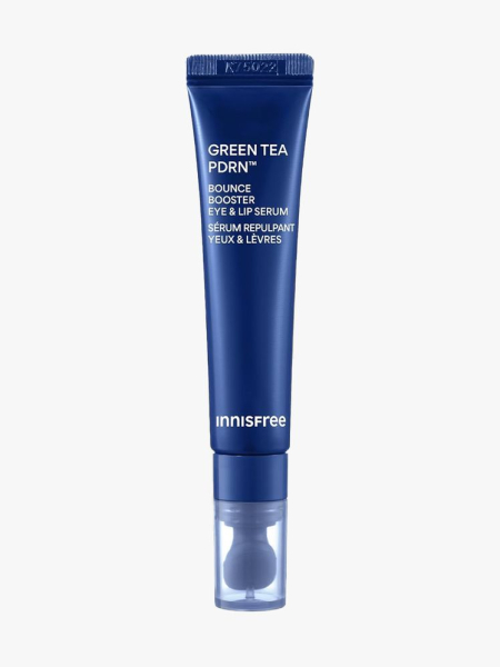 Innisfree Green Tea PDRN Bounce Booster Eye & Lip Serum in branded tube component on a light gray background