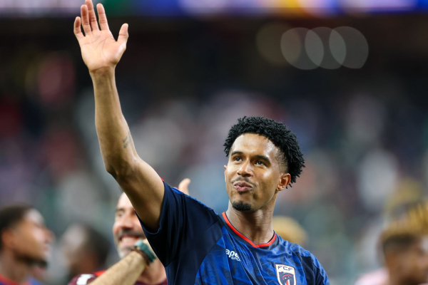 Cabo Verde's Kevin Pina thanking the supporters after Cabo Verde moved on to the knockout stage during the FIFA World...